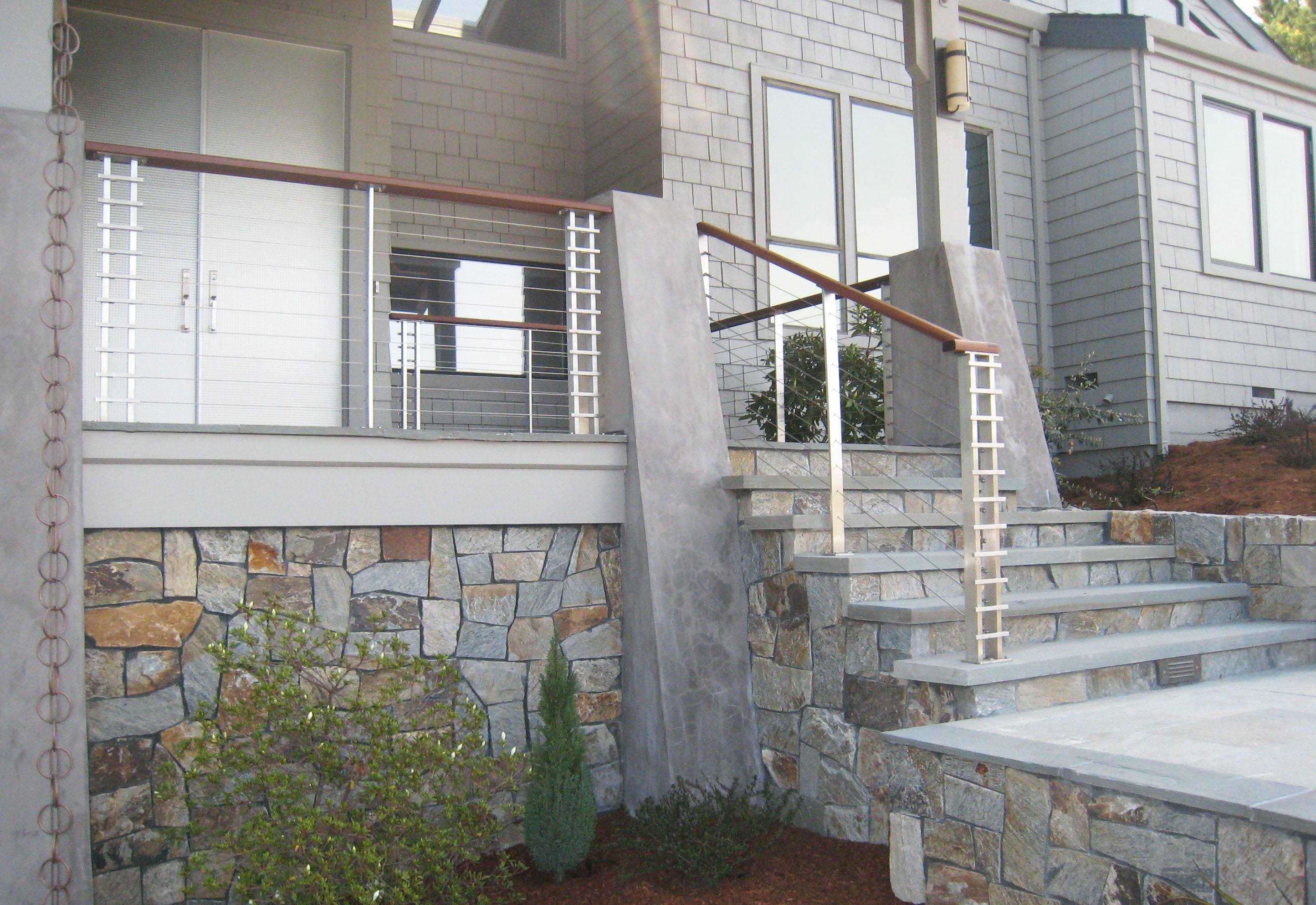 Asian style cable railing blue stone steps