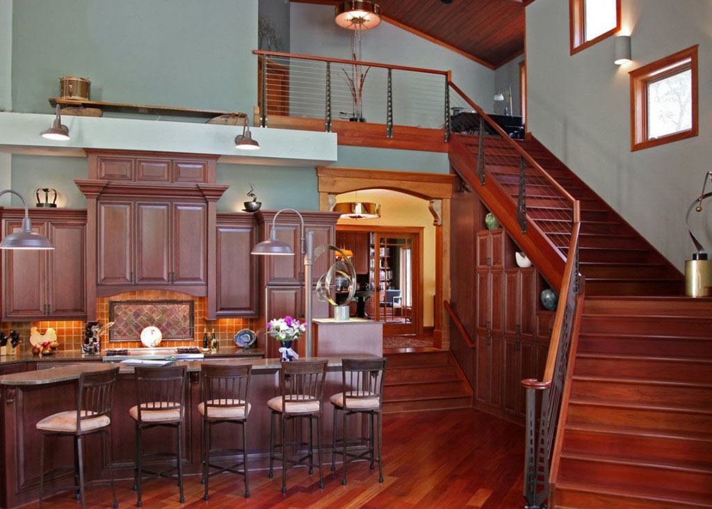 Cherry Staircase Cable Railing in the Chicago Style with Custom Newel post