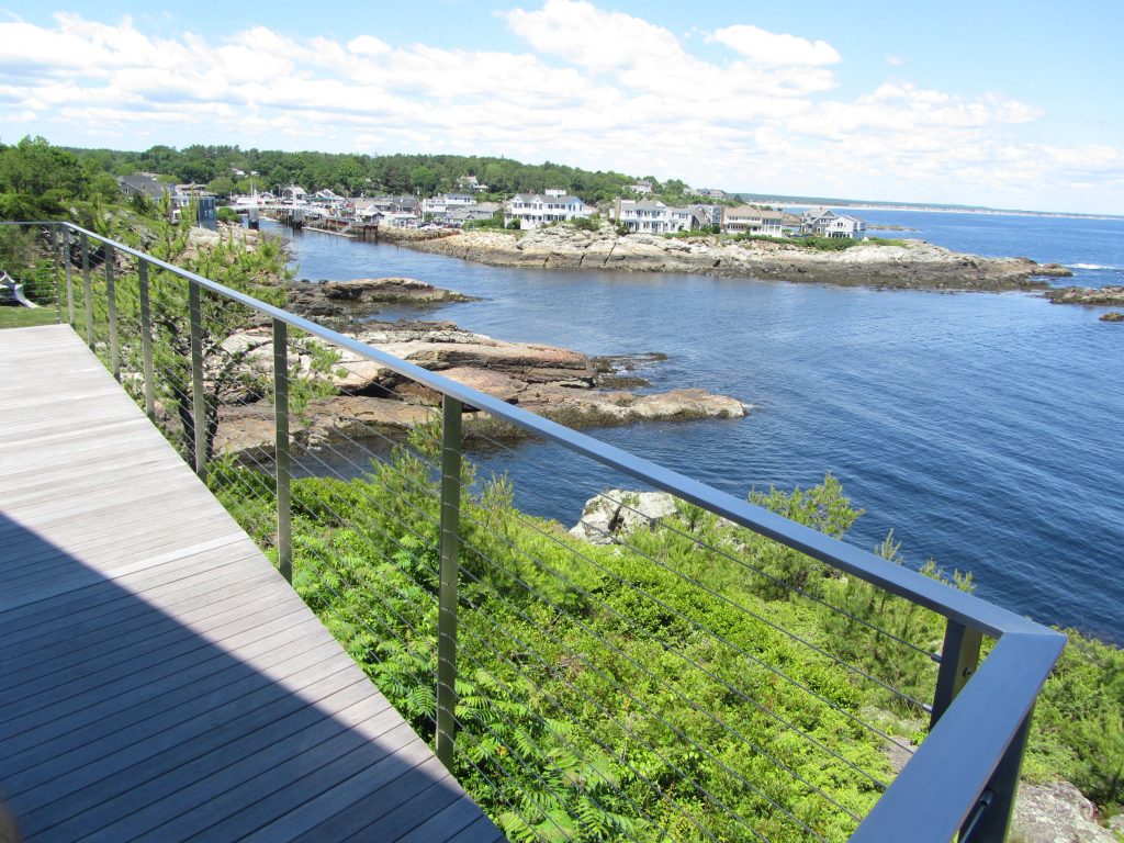 Brushed stainless steel deck railing in Ogunquit Maine.