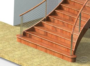 Rendering of cable railing newel post on curved staircase