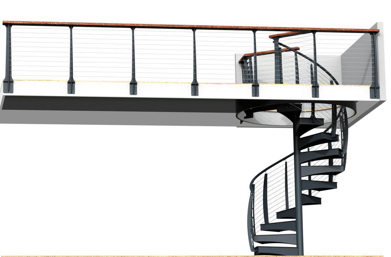 Spiral stair and cable railing rendering