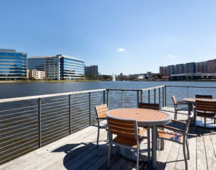 Cable railing on ipe deck with lake view - The Woodlands, TX