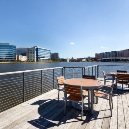 Cable railing on ipe deck with lake view - The Woodlands, TX