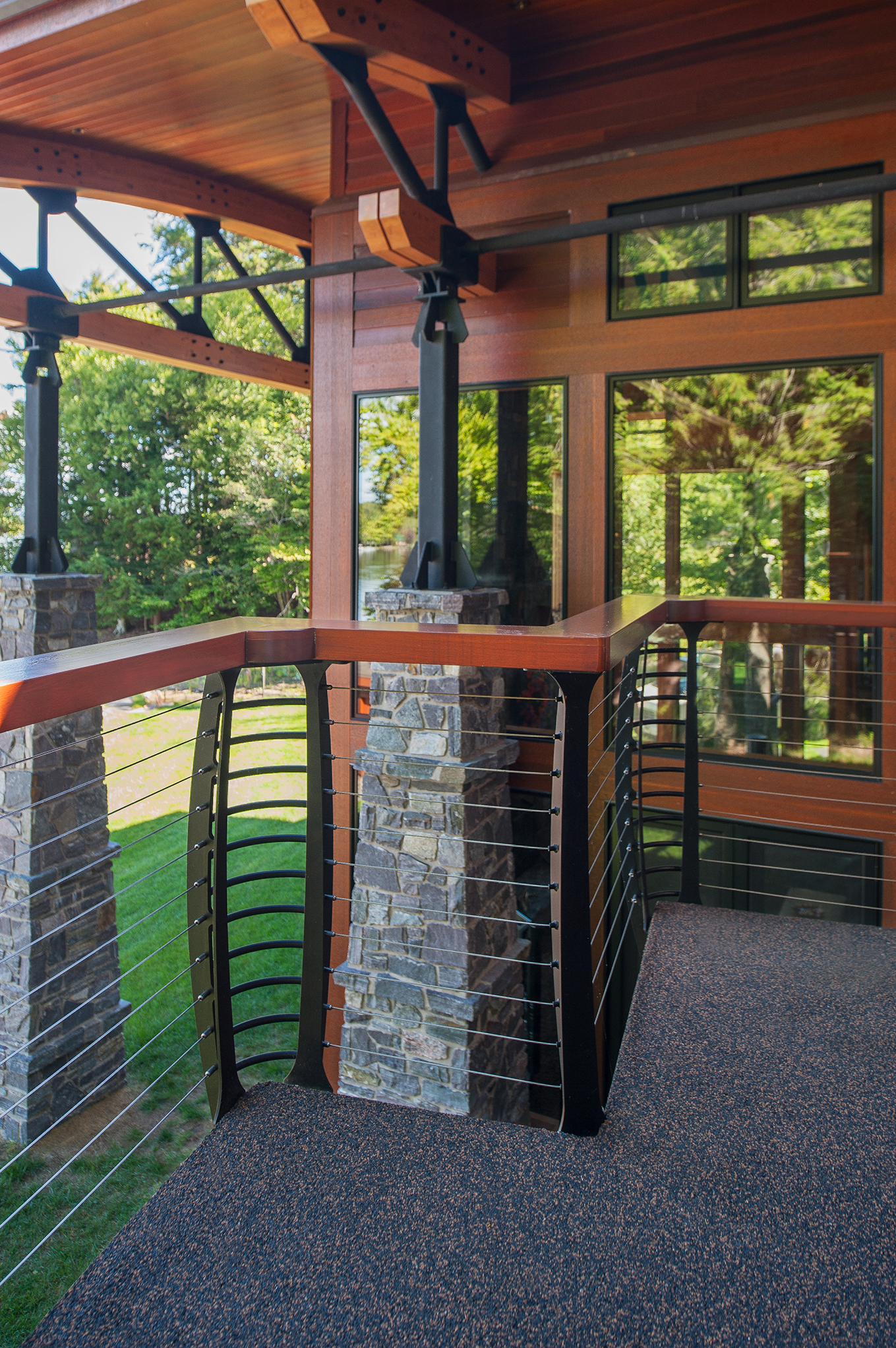 Exposed structural steel with wood and stone construction