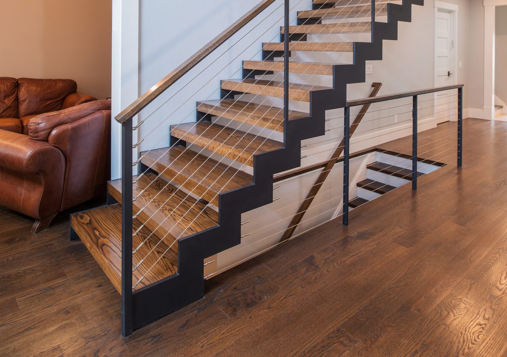 zig zag double stringer stair with wood treads 