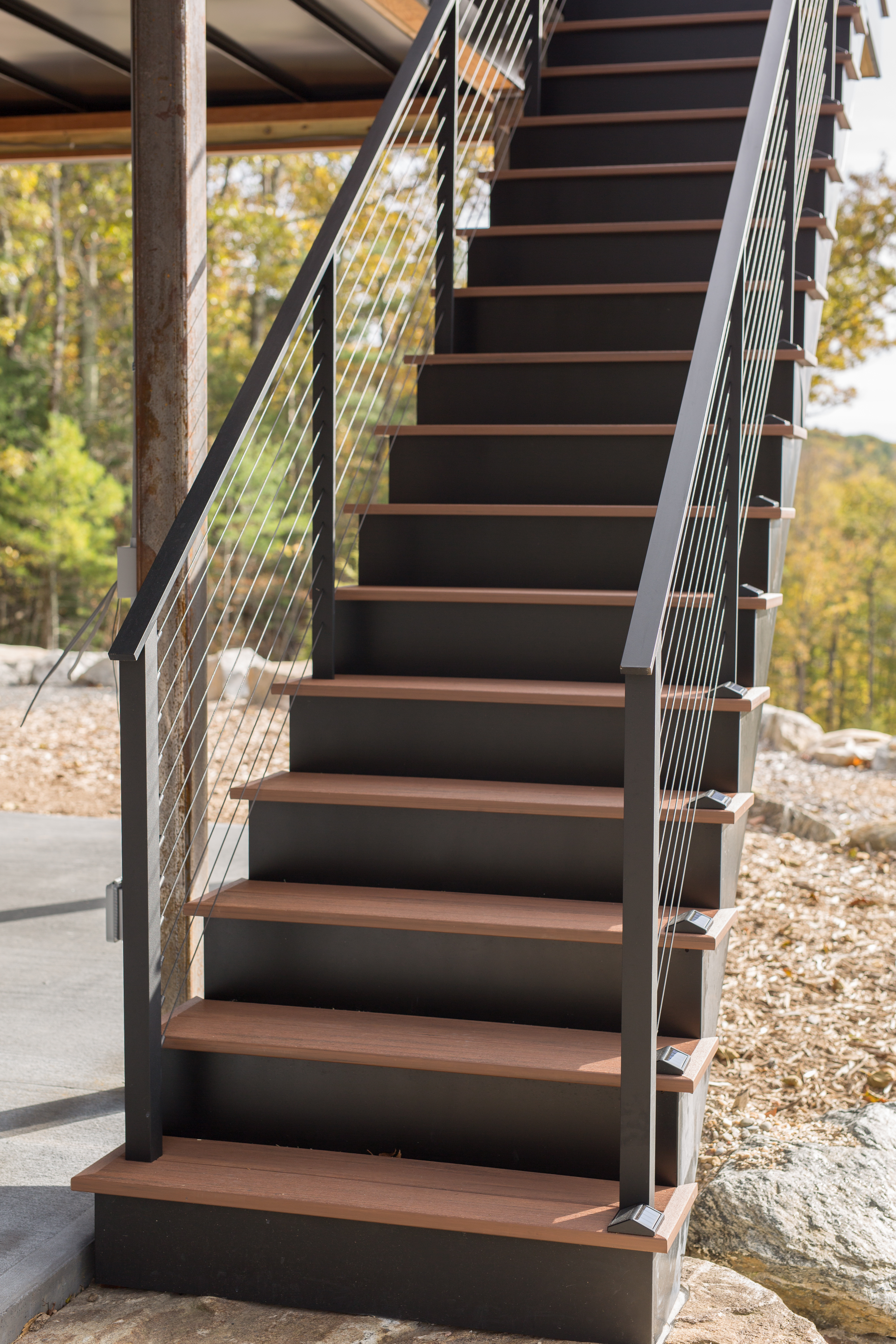 Exterior Deck staircase with black railing system