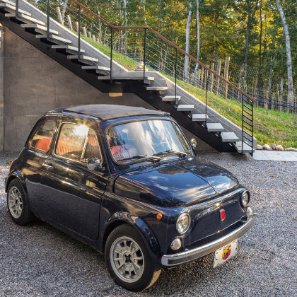 mono stringer stair, stone treads