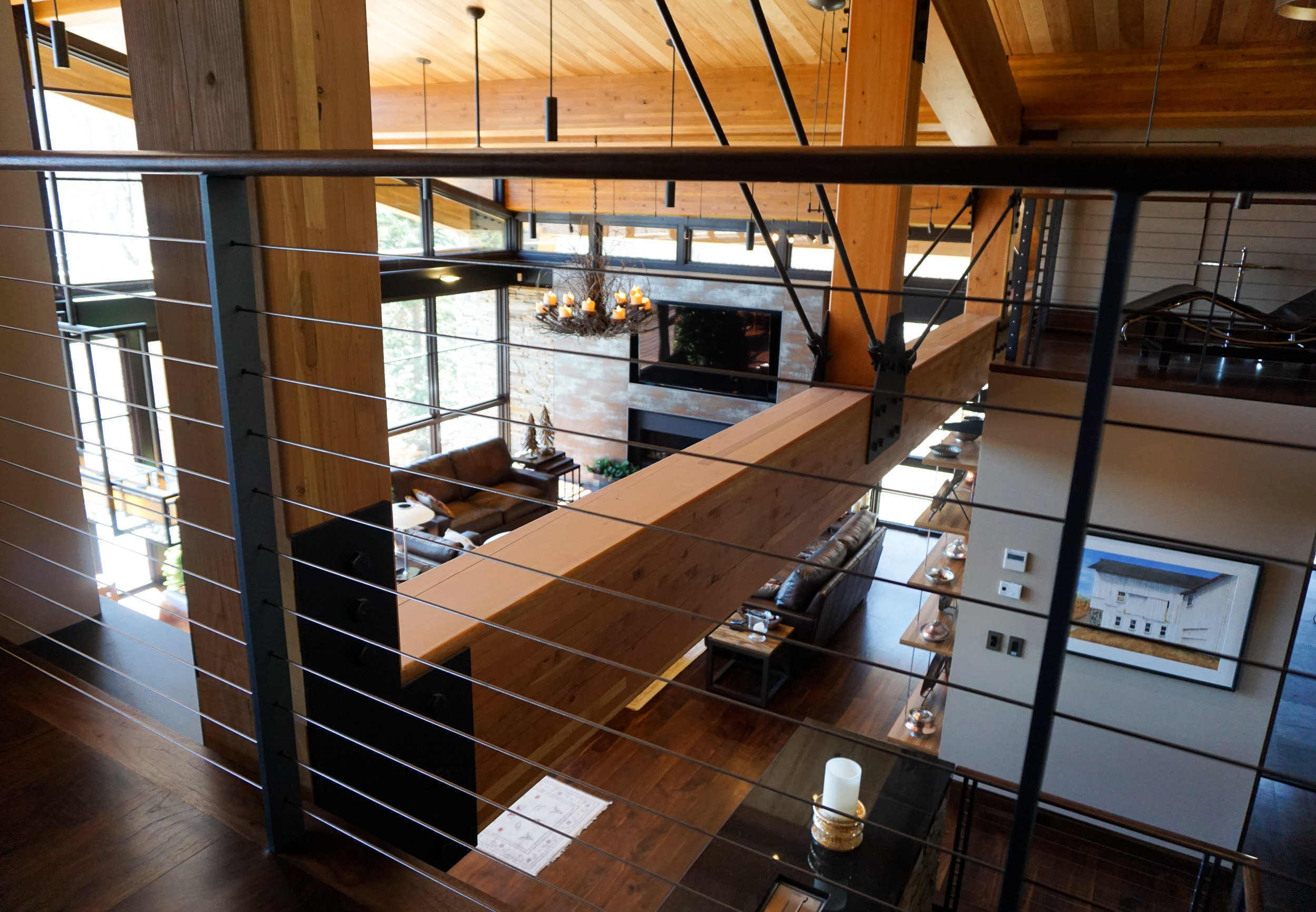 Exposed beam architecture and modern cable railing system