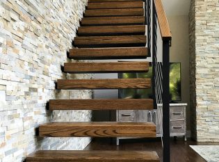 Floating stairs with red oak treads