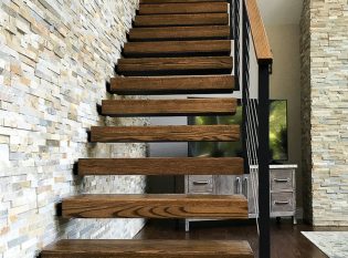 Floating stairs with red oak treads