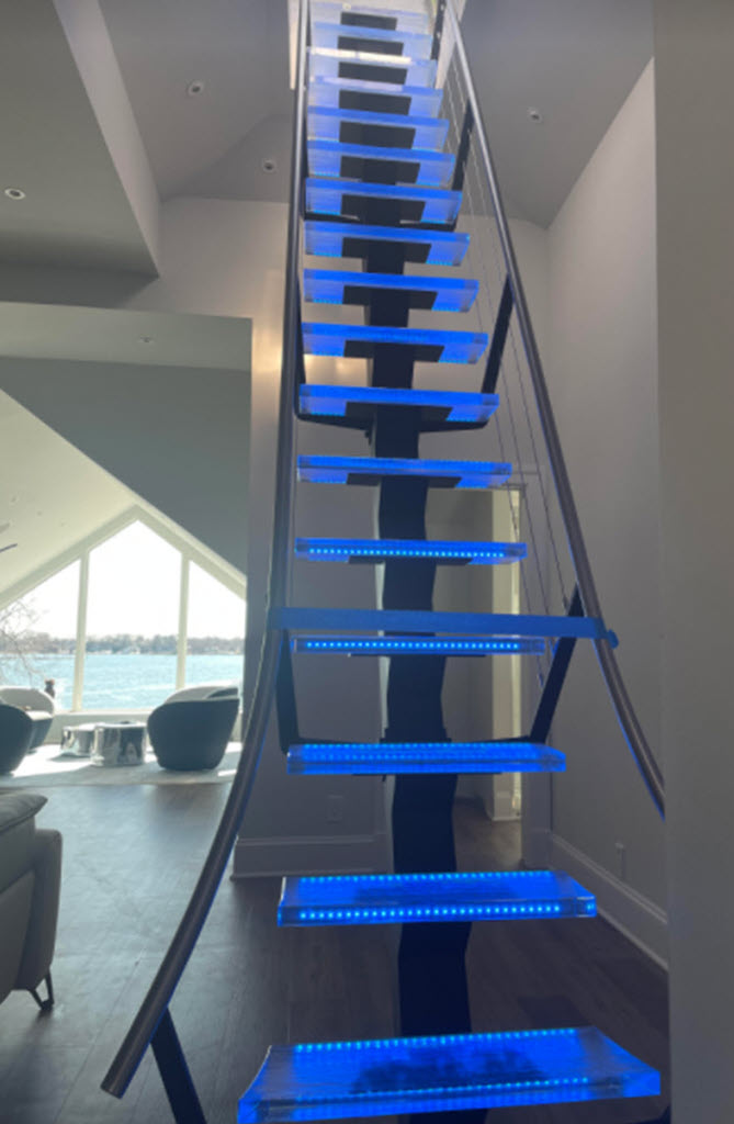 Ladder Stair to rooftop deck glass treads and LED lighting