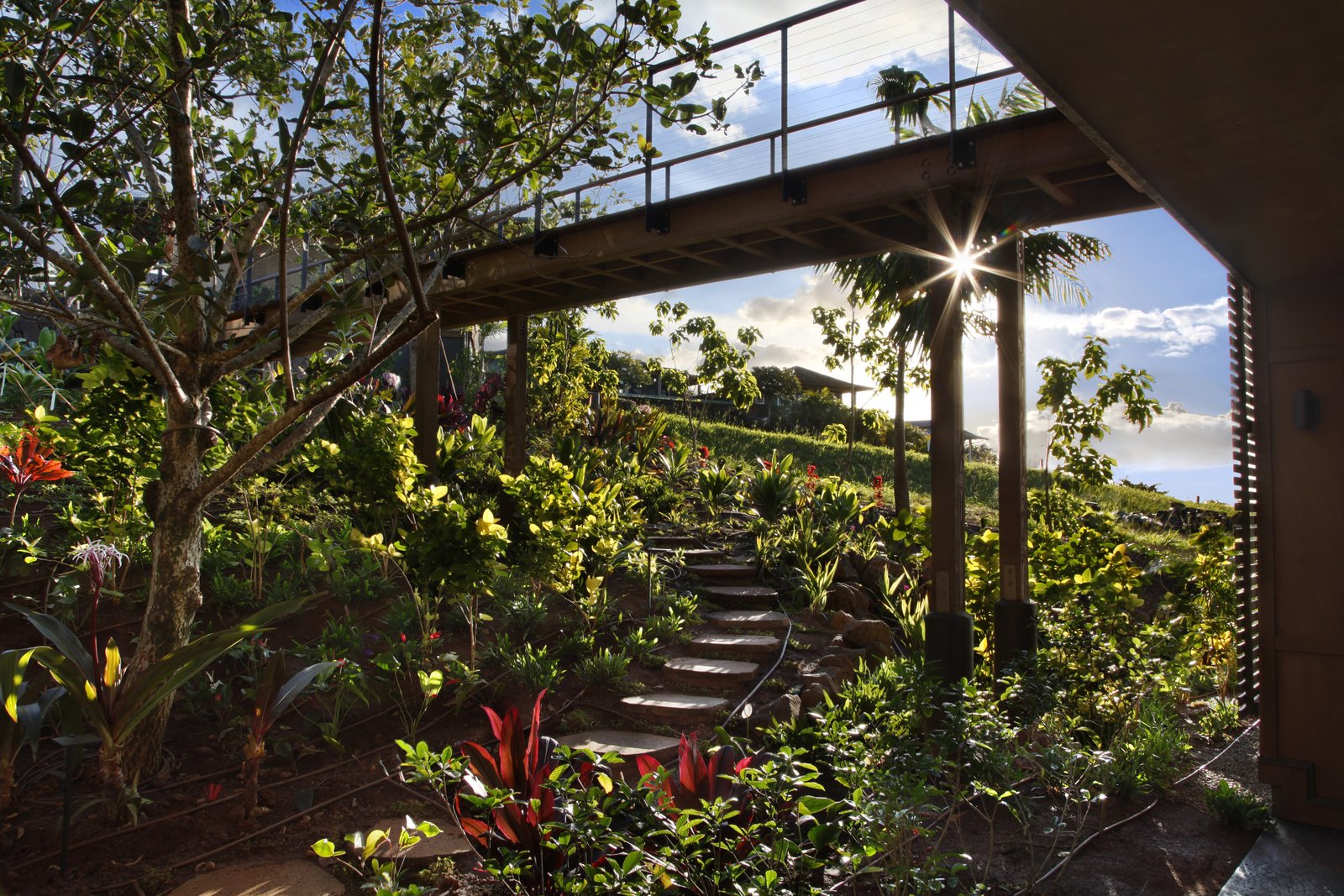 Lush Garden Walkway with Raised Bridge to Main Entry and cable Railings