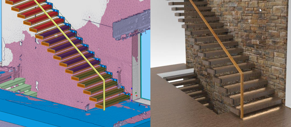 Mesh image of stairs with rendering image for visualizing the finished product.