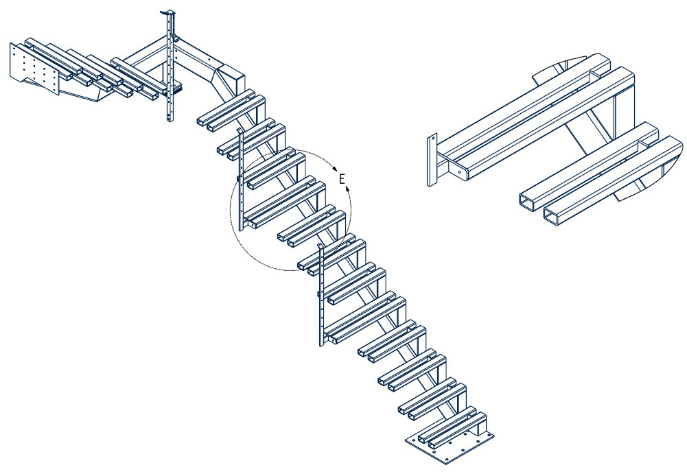 Drawing of cantilevered stair that wraps around the landing and transitions to the next floor.