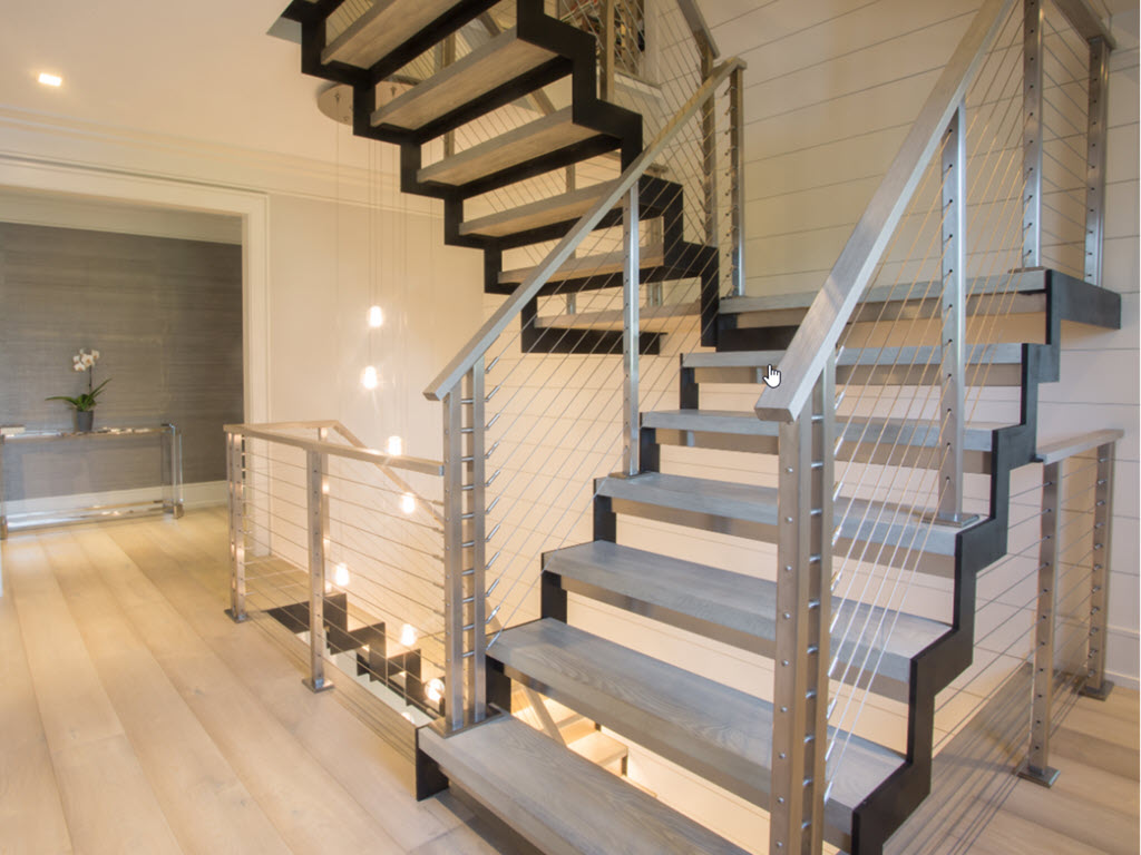 floating stairs with zig zag stringer and stainless steel railing