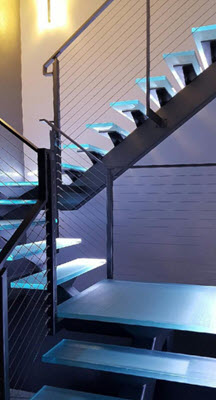 Glass Stairs with steel stringer and LED ligthing