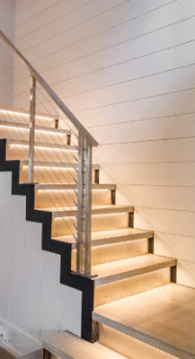 Wood treads with stainless steel risers and LED lighted stairs