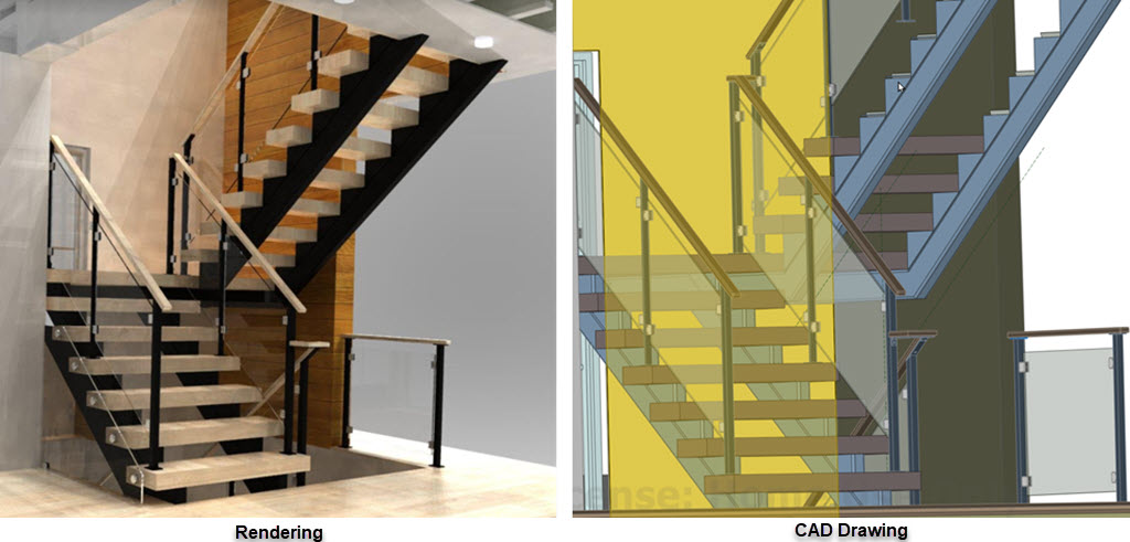 Realistic Rendering of Stair with Glass Railing and CAD drawing