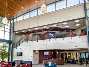 atrium with open lofts, cable railings and unique curved ceiling