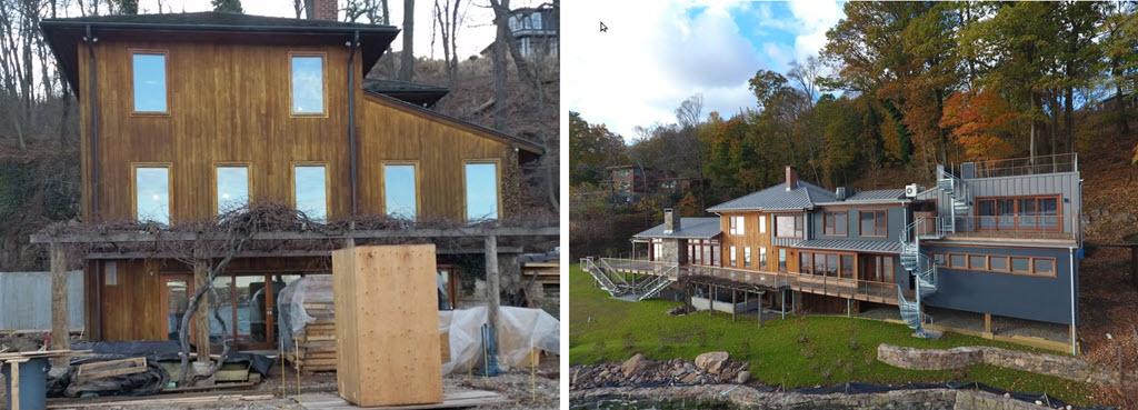 Before of worn cottage on the Hudson river. After of the same home expanded in size with galvanized stairs, railings and spiral stairs.