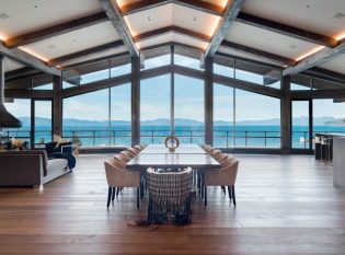 Modern dining room with views of Lake Tahoe