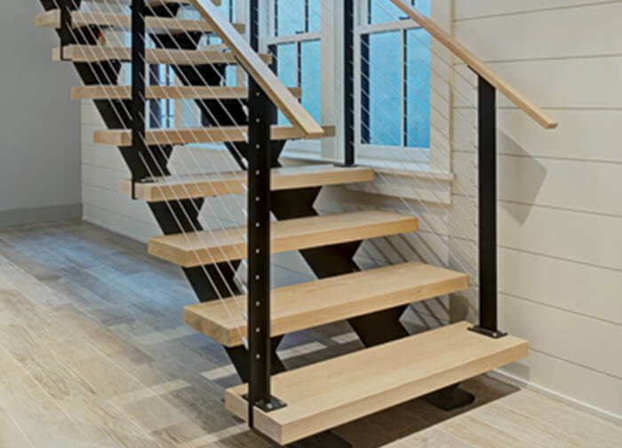 Floating Steel Double Stringer Stairs with White Oak Treads and cable Railings