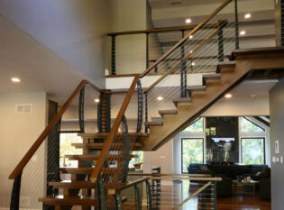 Double Stringer Wood Stair with Curved Cable Railings