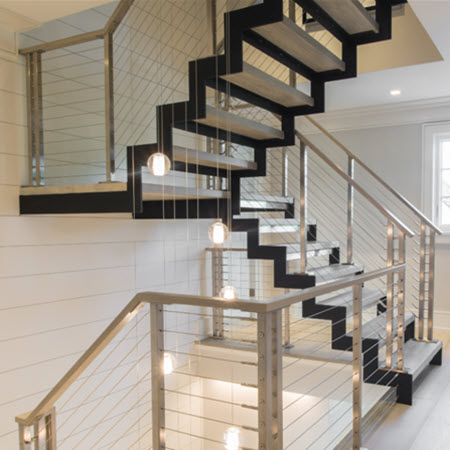 Floating double stringer zig zag stair with stainless steel cable railing 