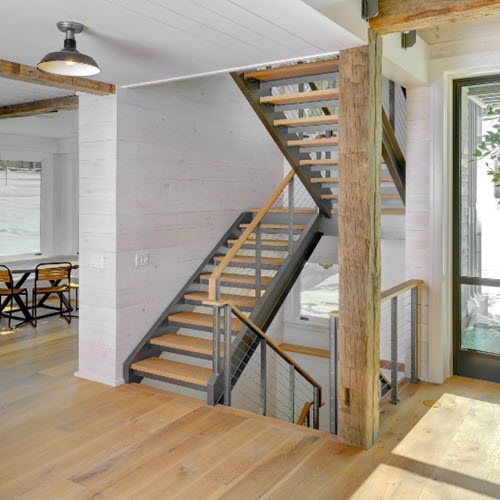 c channel double stair stringer with rustic aesthetic
