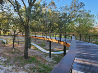 Cable railing system on bridge through forest