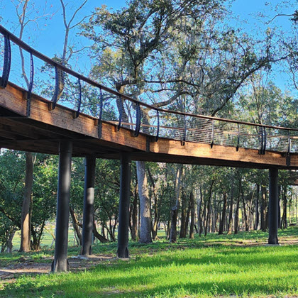 View of raised walkway from below with curved cable railings