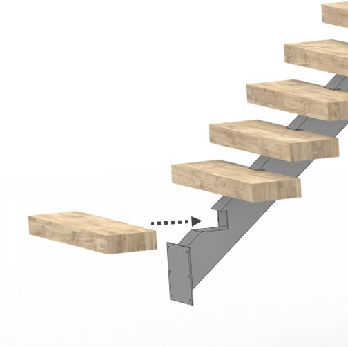 Rendering of stair stringer and tread showing how to create the stringer so the tread appears to slice through it