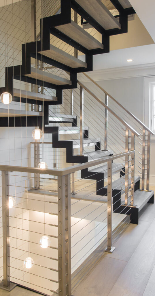 u-shape two strainger zig zag stair with stainless steel cable railings 