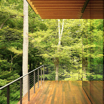 Glass house with deck and cable railing with slim posts and wood top rail.
