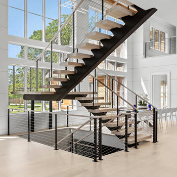 Floating Stairs and railing design ideas,  Mono stringer stiar with cable railings