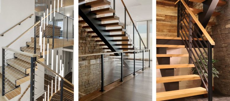 Comparing cable, glass and metal railings to help choose so there are three images of floating stairs that show each style of railing. Railing material options demonstrate the design differences.