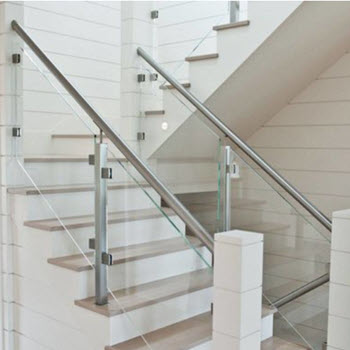 Glass Railing with stainless steel square glass clamps attached to the railing posts. 