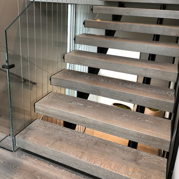 Glass Railing on Floating Stairs with Double Stringer nd white oak treads